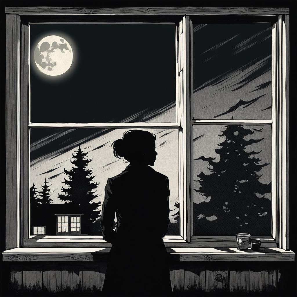 Lonely Woman Silhouette Staring at Moon