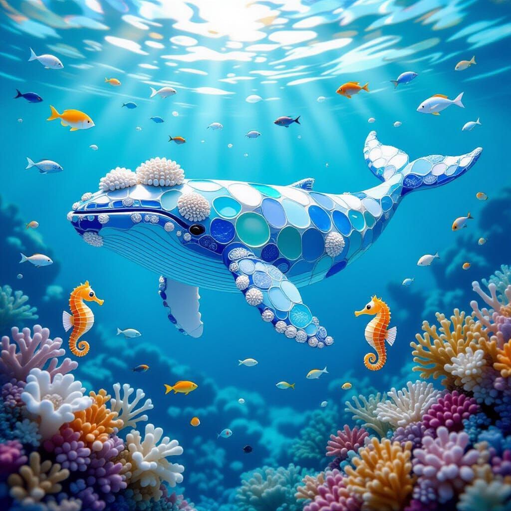 Majestic Sea Glass Whale Amidst Coral Reef