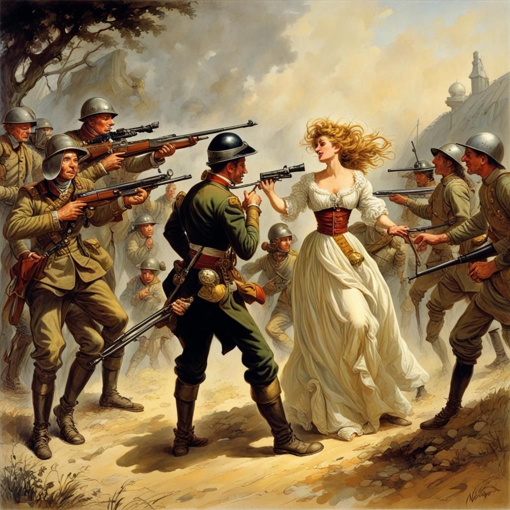 Woman Soldier Shooting Man: Fantasy Art Scene