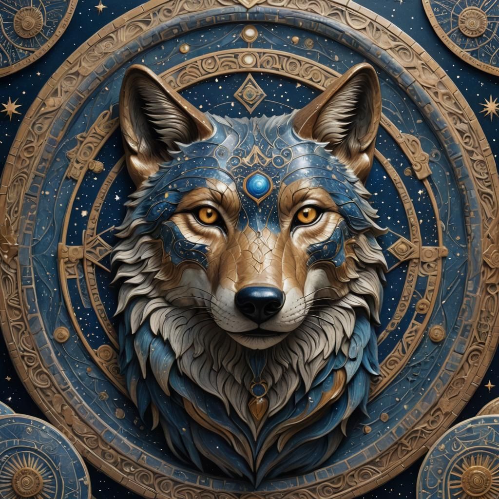 Celestial Asian Earthenware Wolf in Cosmic Style