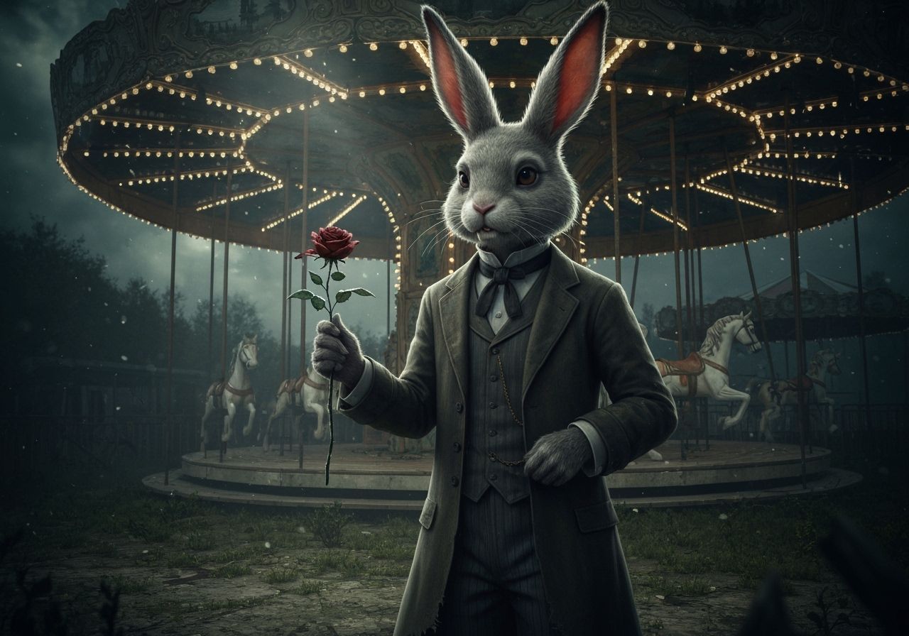 Melancholy Rabbit in Moonlit Victorian Fairground