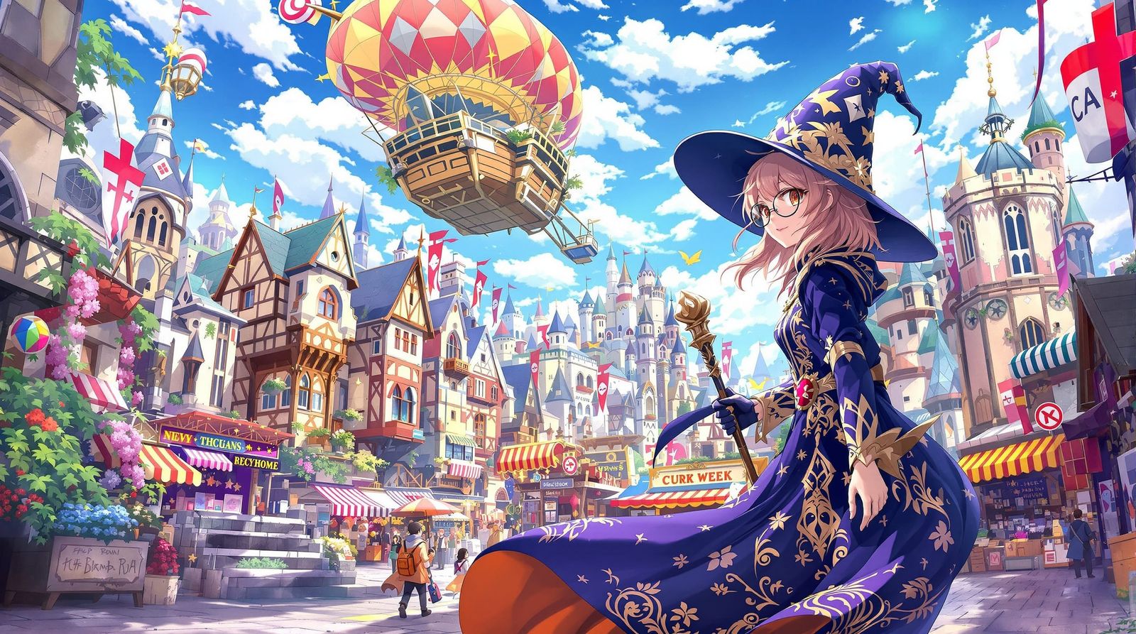Anime Girl Wizard in Fantasy Cityscape
