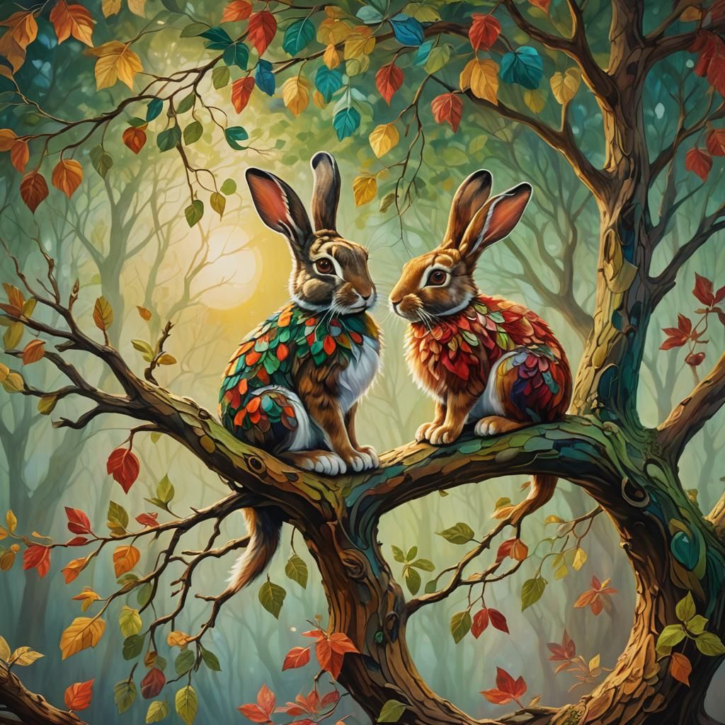 Vibrant Rabbits in Dreamlike Oil Painting