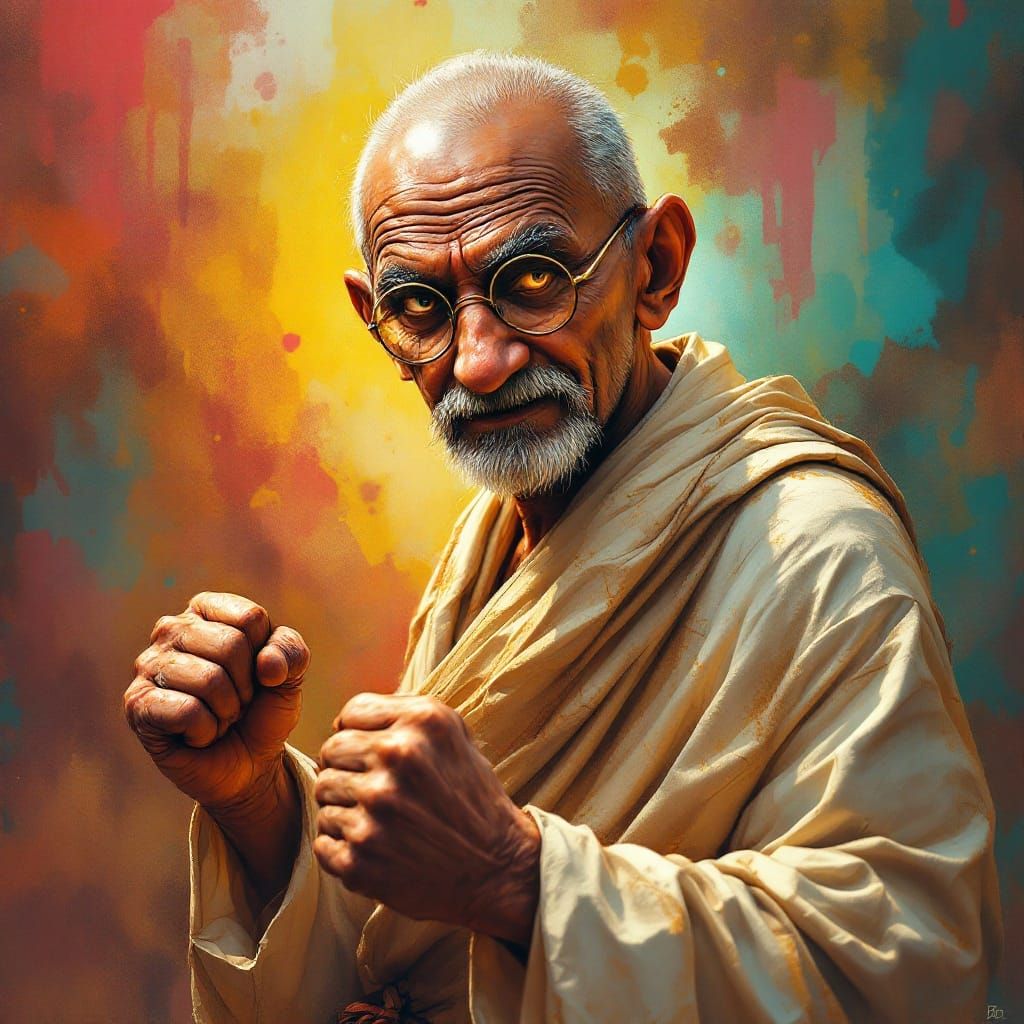 Gandhi as Boxer: Hyperrealistic Splash Art Portrait