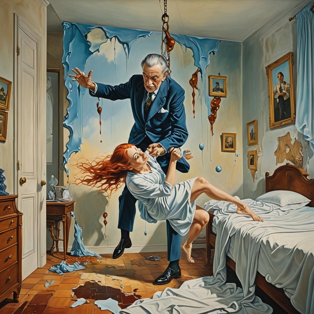 Redhead Lifts Old Man: Surrealist Oil Painting