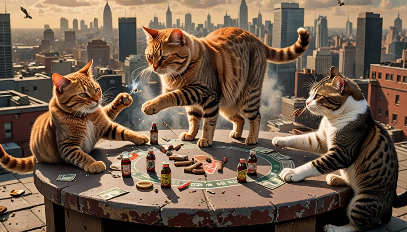 Hyper-Realistic Cats Fighting MMA on Rooftop