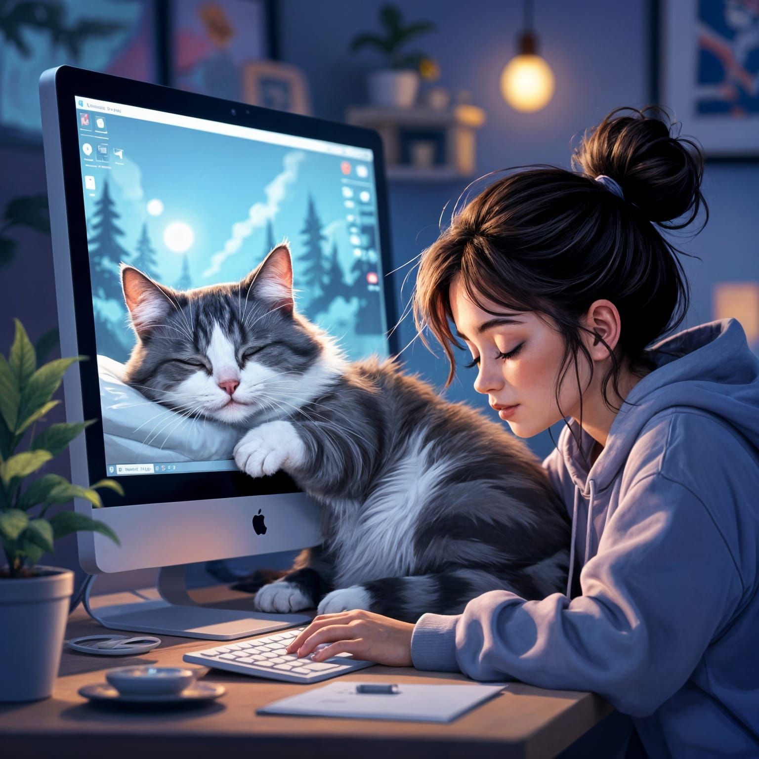 Cozy Cat Naps Beside Working Girl in Soft Light