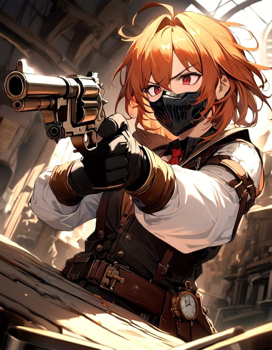 Steampunk Hero Reveals Crimson Eyes in Menacing Stance