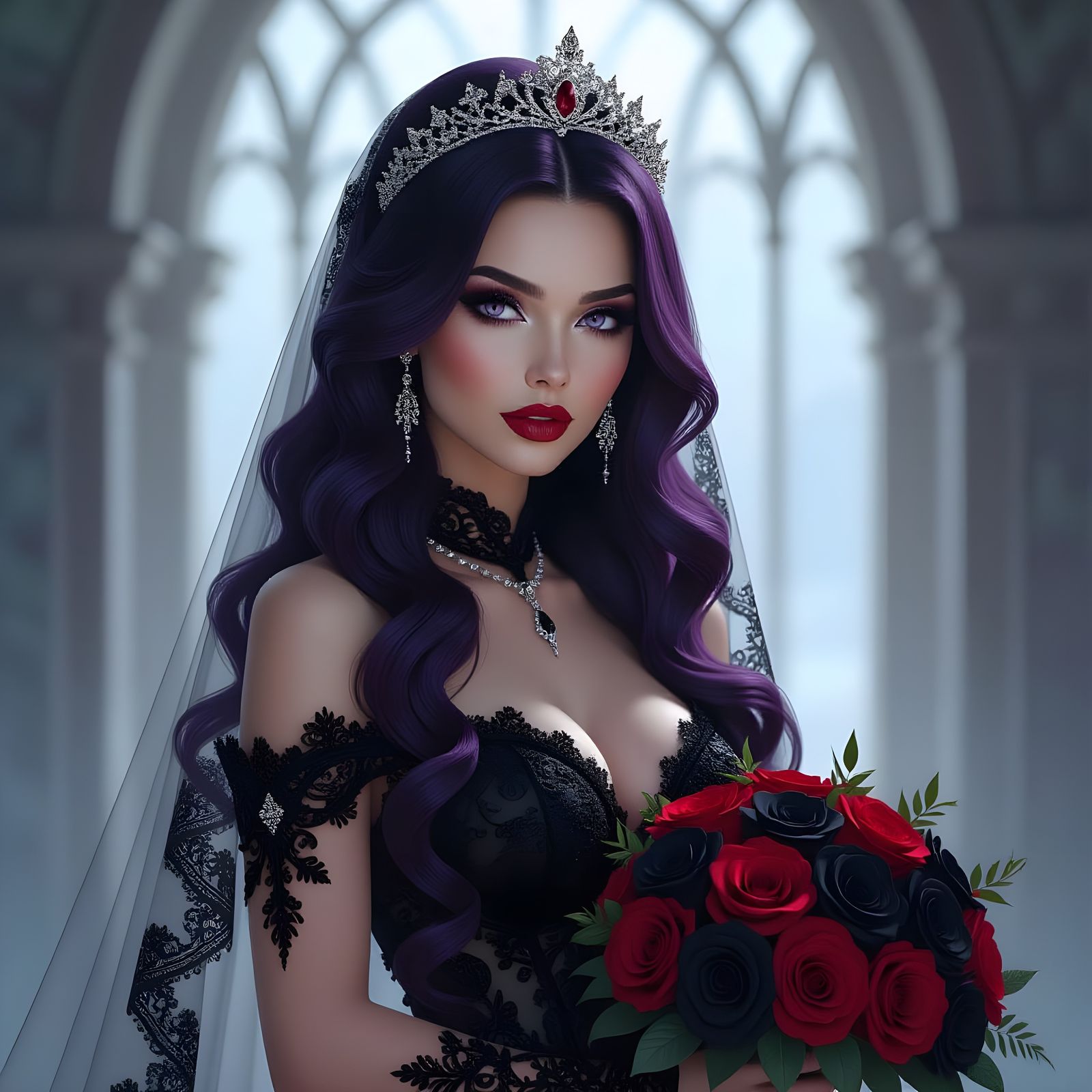 Woman in Gothic Wedding Gown with Purple Hair