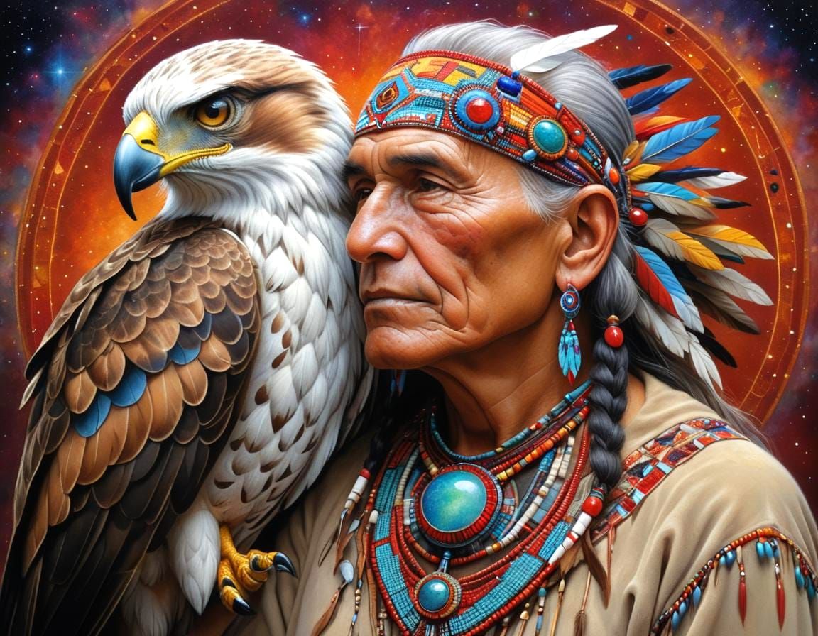 Hawk on Grandfather's Shoulder: Cosmic Visionary Beadwork