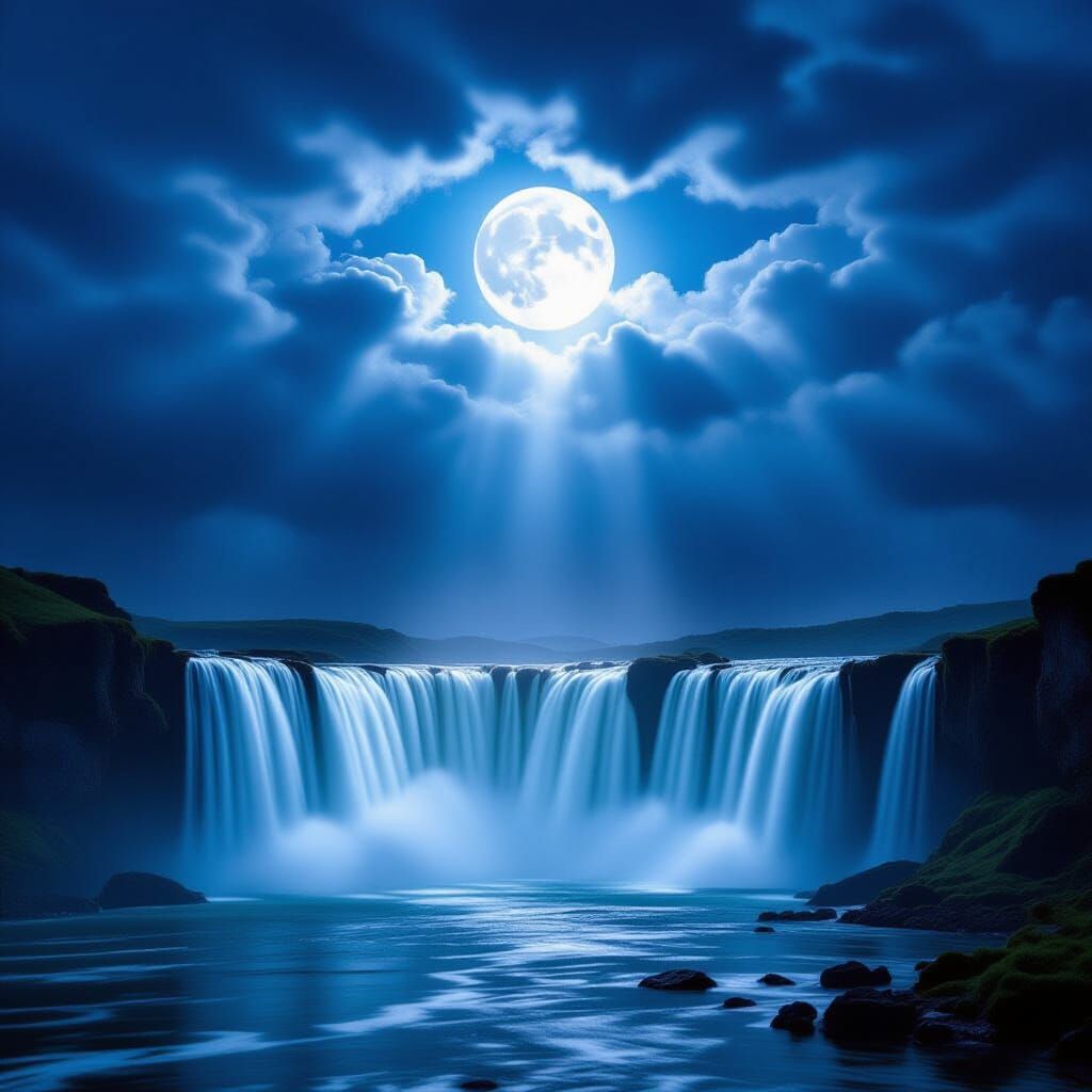 Moonbeam Illuminates Waterfall Through Stormy Night Clouds