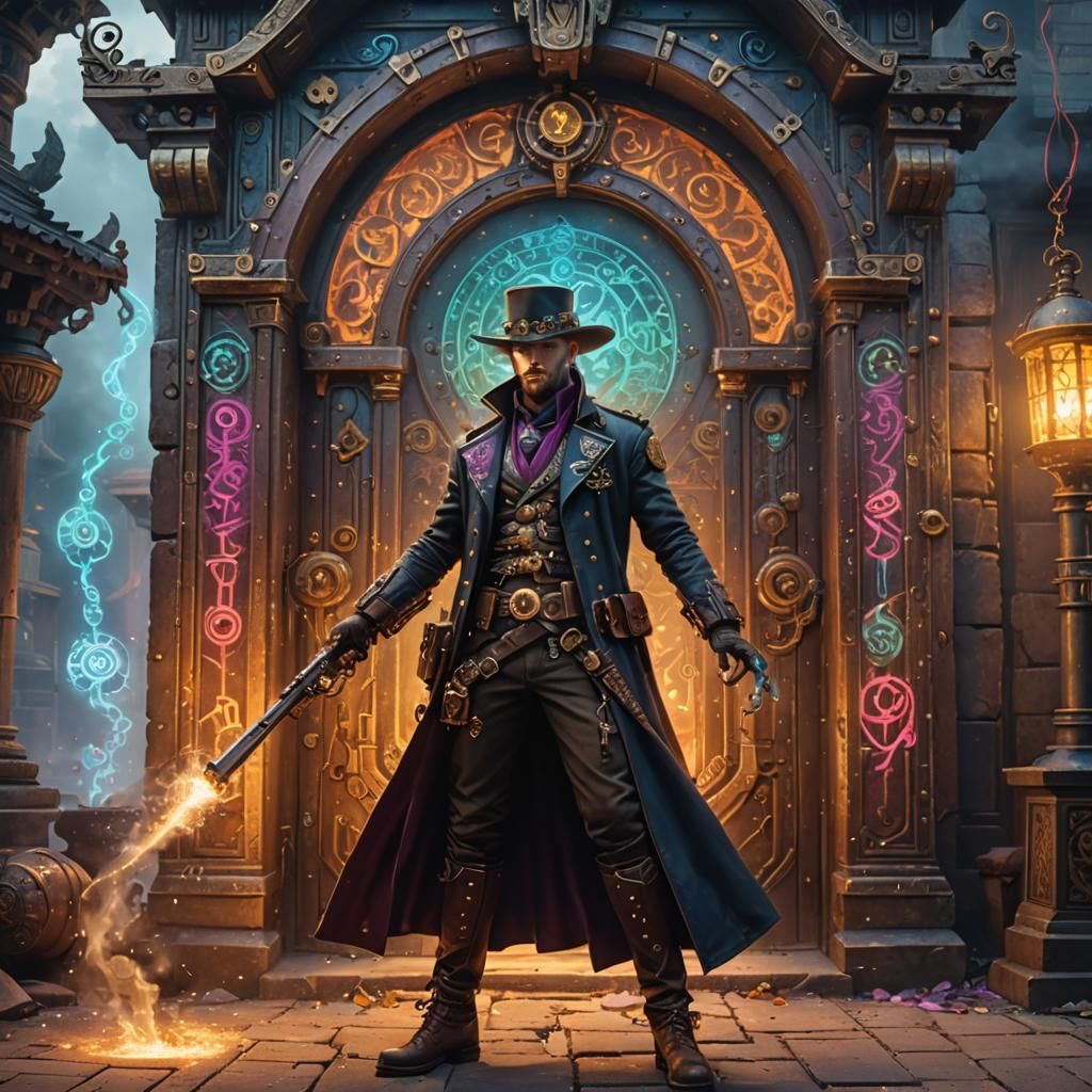 Steampunk Gunslinger at Temple with Magic Symbols