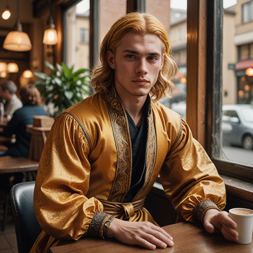 Crossdressing Young Adult Male in Vibrant Curry-Colored Dres...