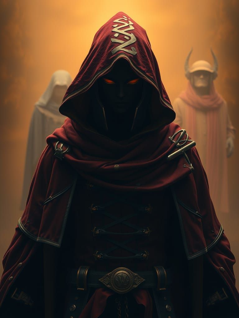Enigmatic Figure in Dark Red and Gold