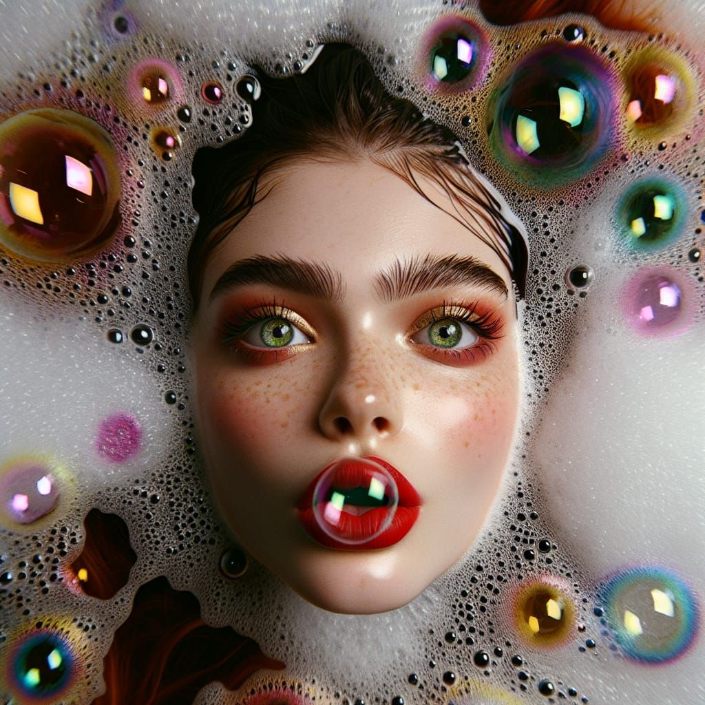 Girl in Bubble Bath with Colorful Soap Bubbles