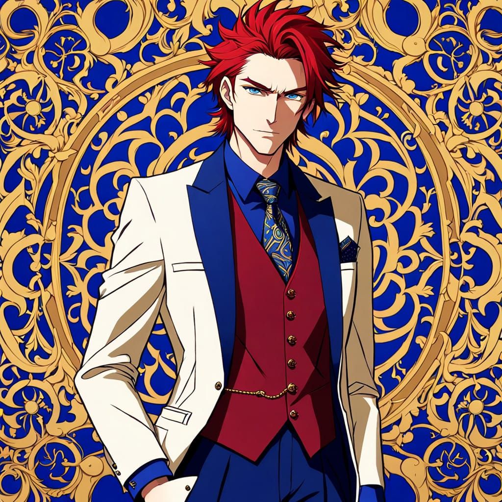 Anime-Style Gentleman with Red Hair and Tailored Suit