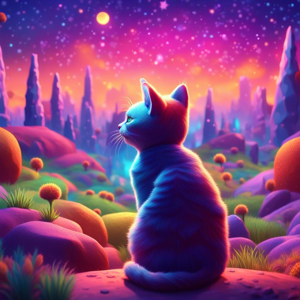 Cute Cat Gazing at Psychedelic Starry Sky