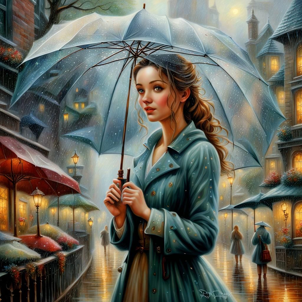 Cute Girl Under Umbrella in Ethereal Rain