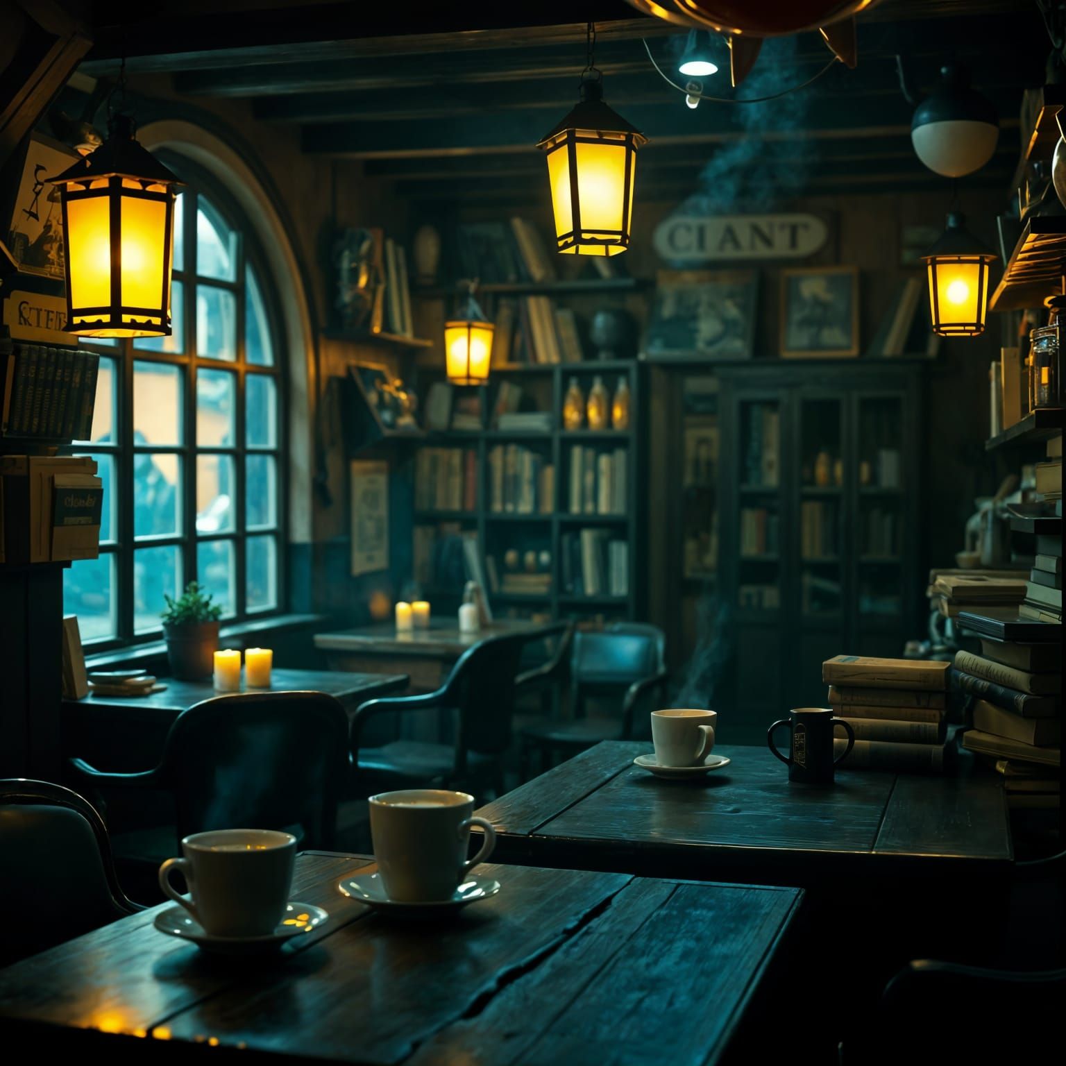 Magical Cafe With Floating Lanterns And Enchanted Cups