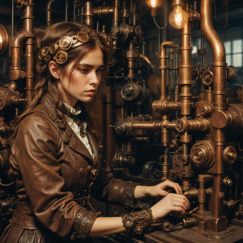 Steampunk Woman Operates Engine in Workshop