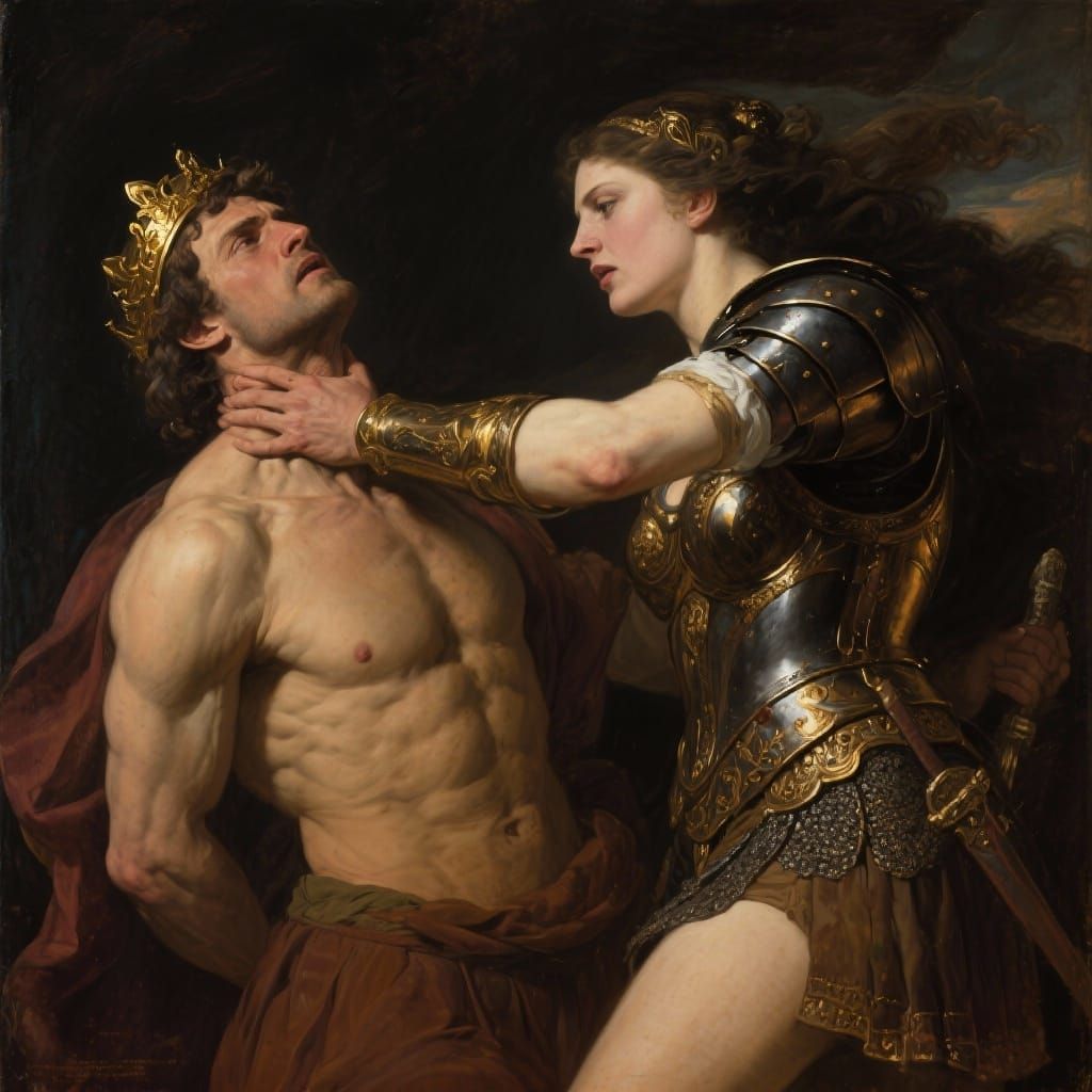 King Theseus Choked by Amazon Queen in Classical Realism