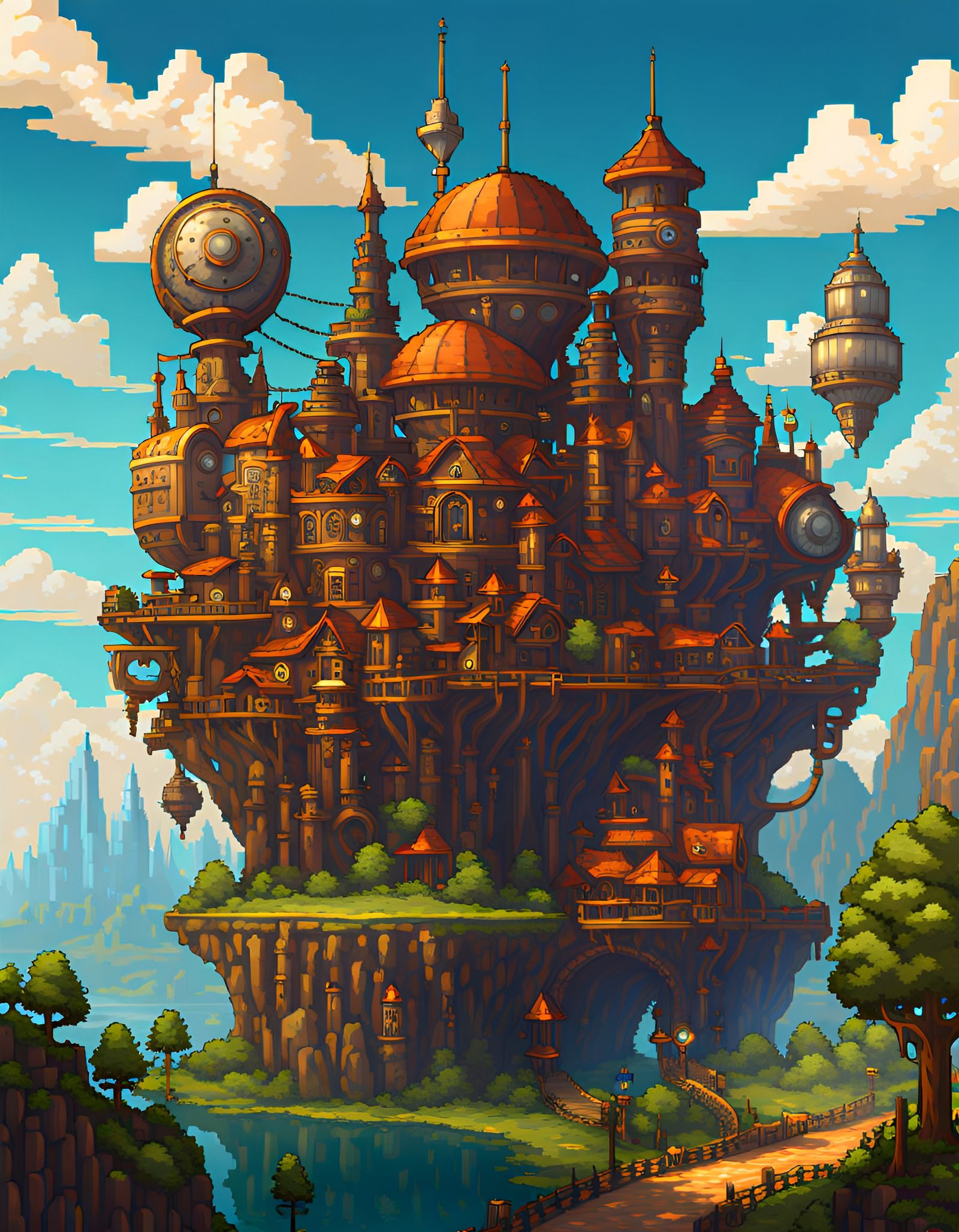 Steampunk Cityscape in Pixel Art Style