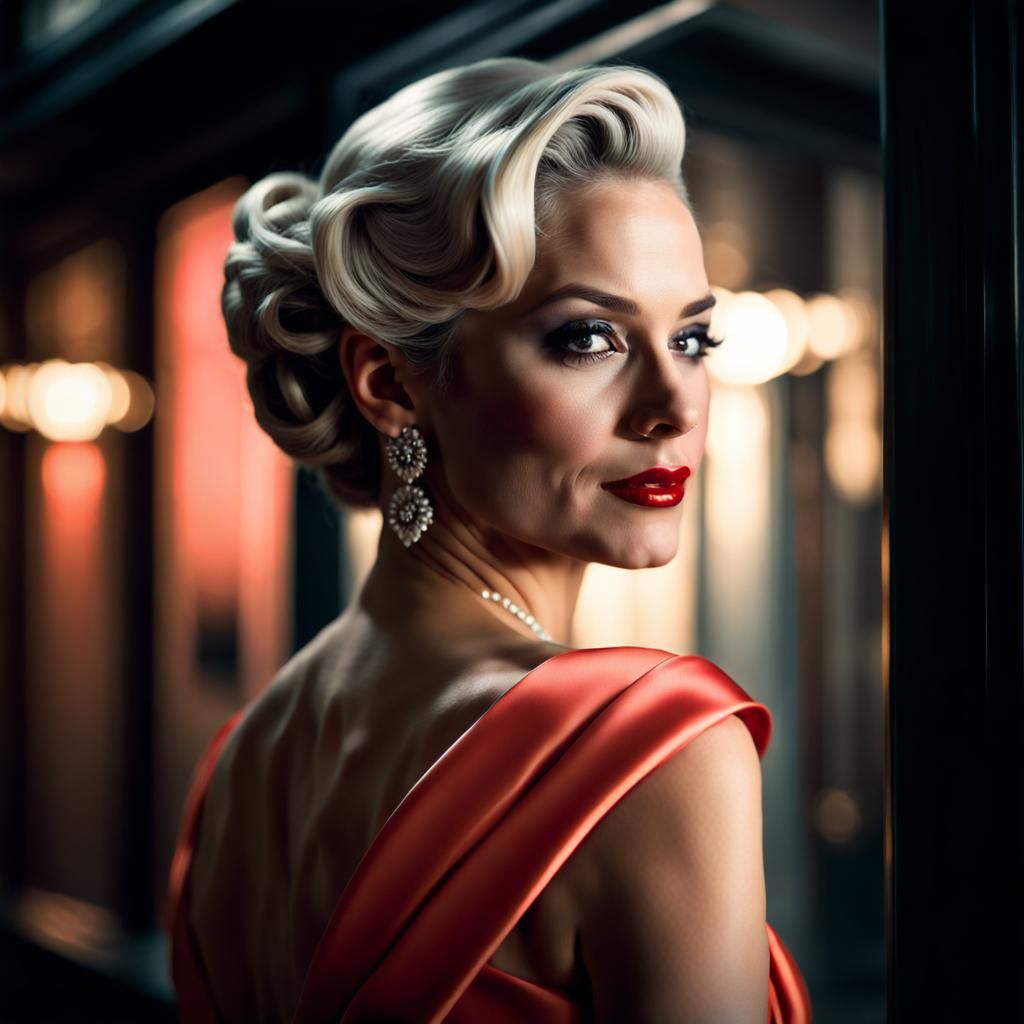 Film Noir Portrait of Woman in Coral Gown