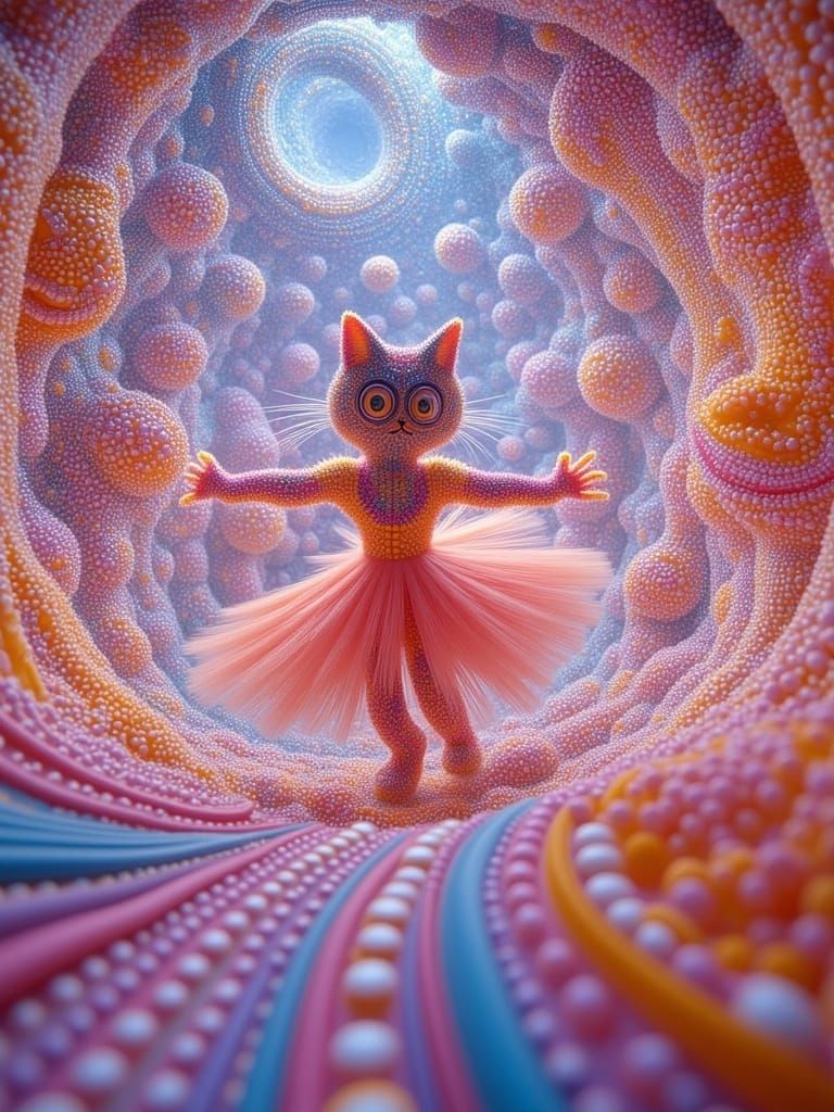 Anthropomorphic Kitty-Girl Dancing in a Light Installation