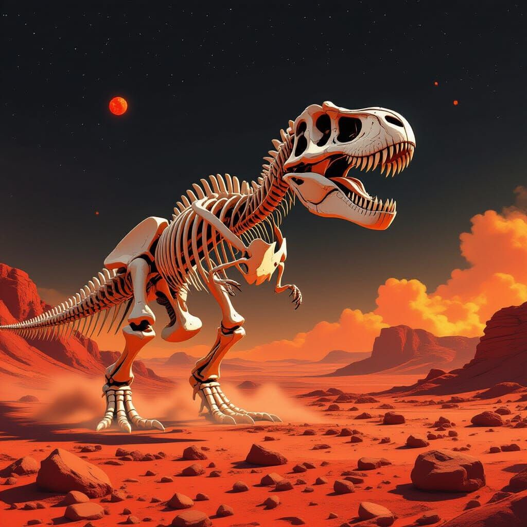 T-Rex Skeleton on Mars in Sci-Fi Style