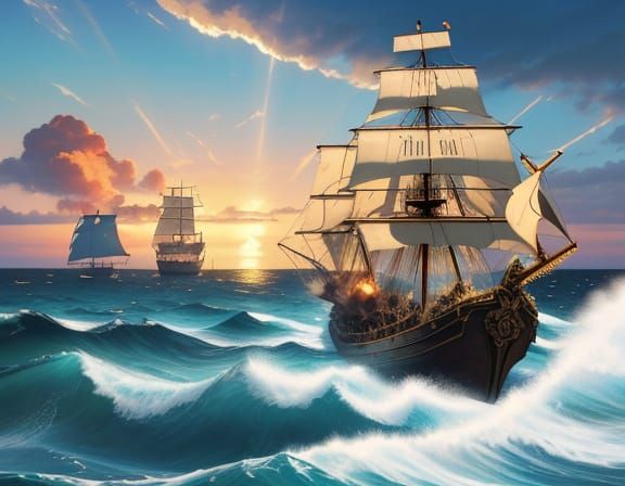 Two Pirate Galleons Battle Near Tahiti in Vibrant Oil Style