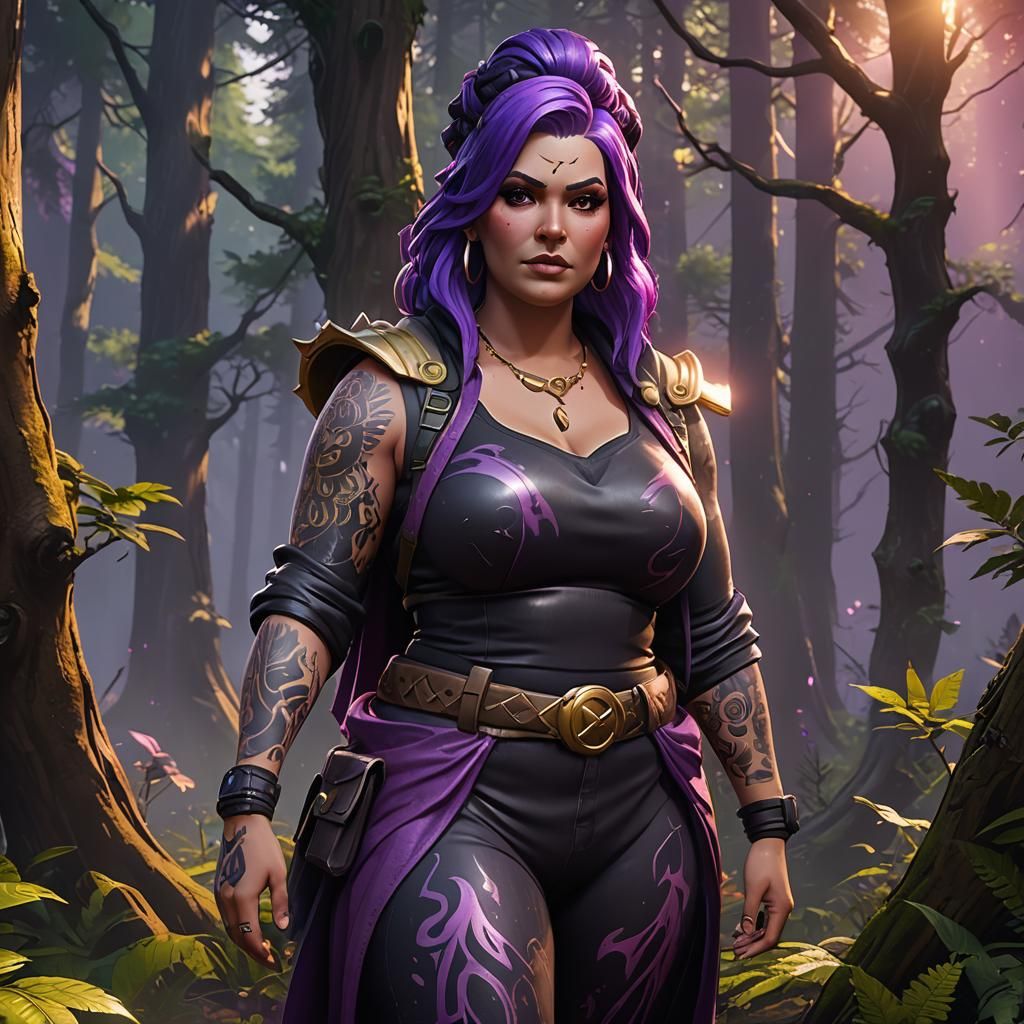 Goth Woman with Purple Hair in Fortnite Style