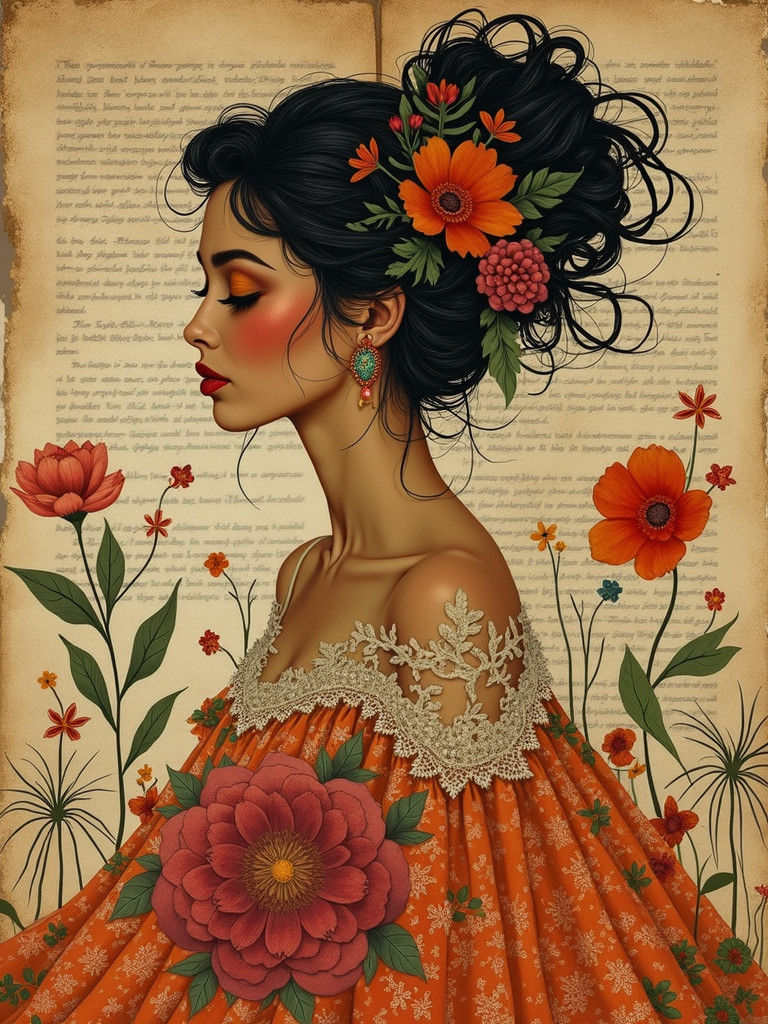 Collage Portrait of Serene Woman in Bohemian Style