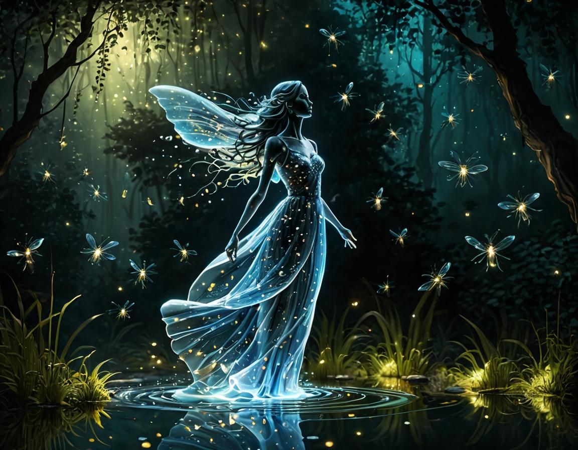 Ethereal Water Spirit in Enchanted Forest, Mixed Media