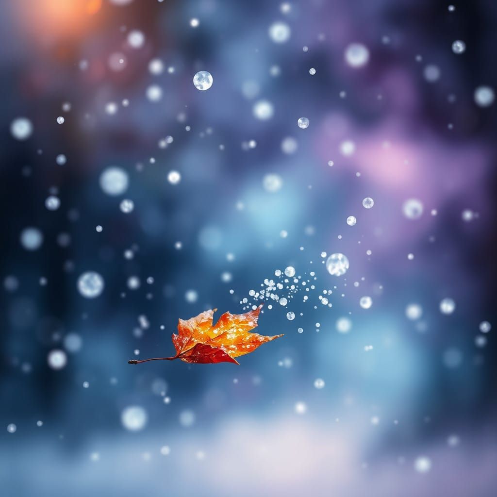 Surreal Autumn Leaf Dances in Serene Snowfall Scene
