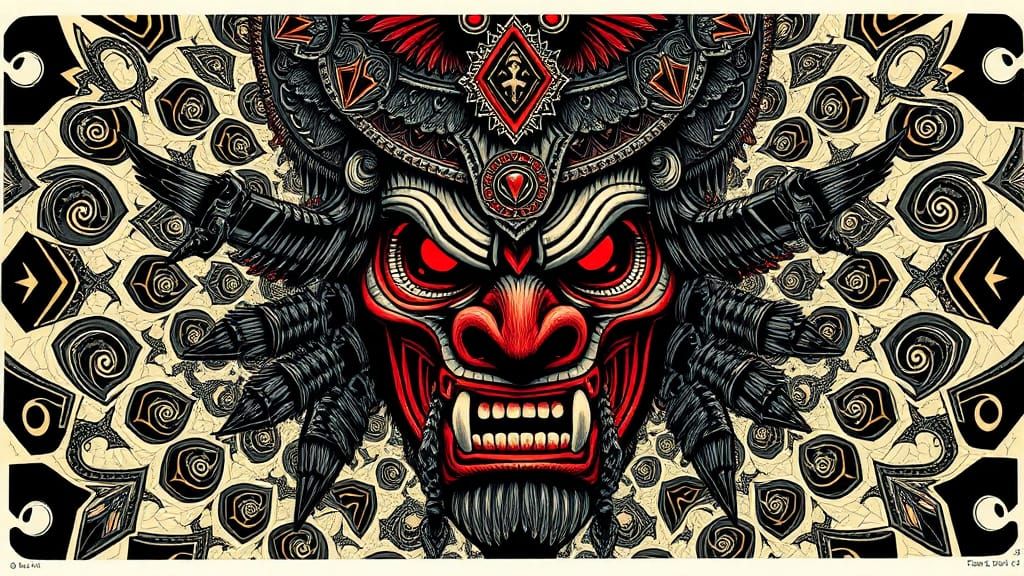 Haunted Maori Mask in Psychedelic Funk Art