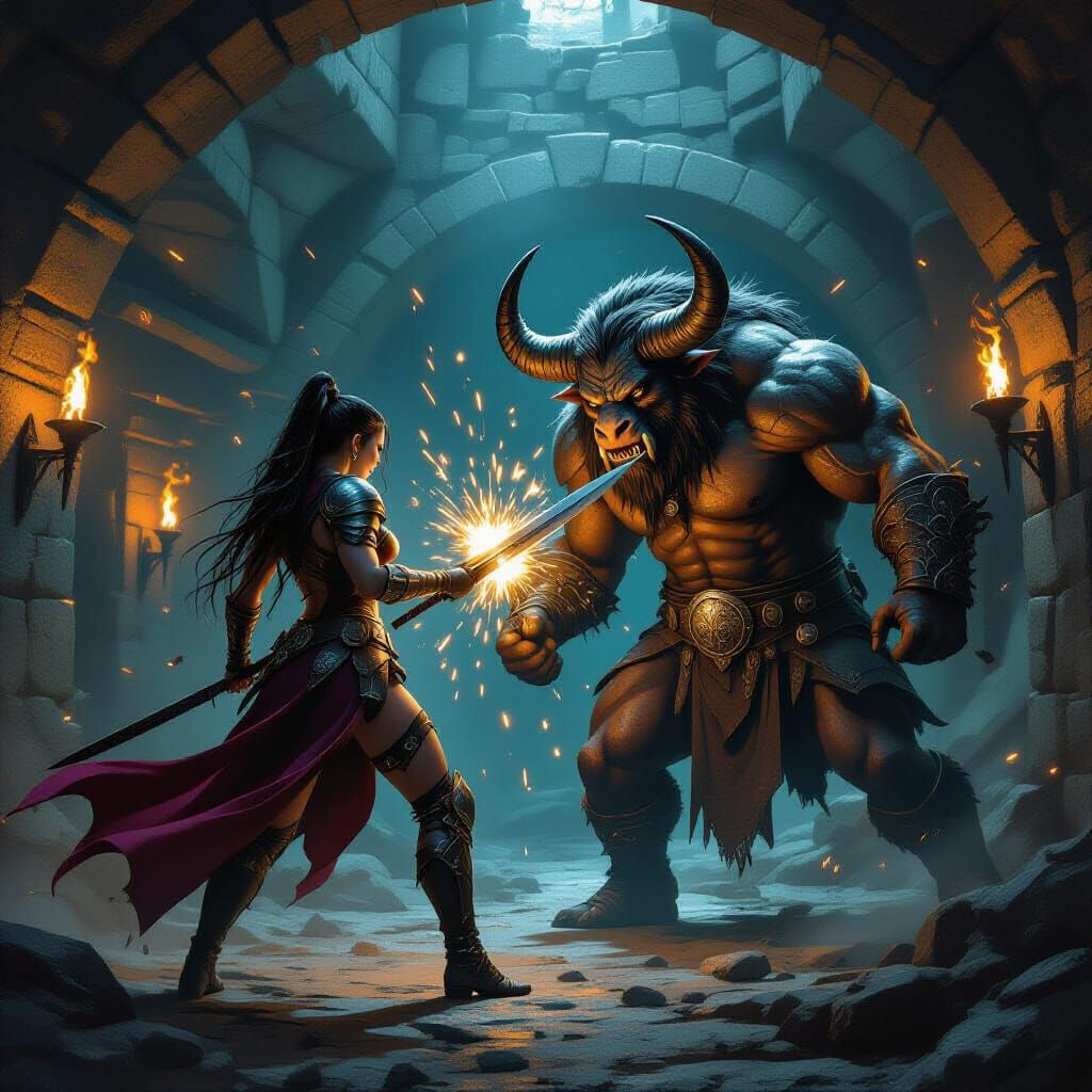 Female Warrior Battles Minotaur in Torchlit Dungeon