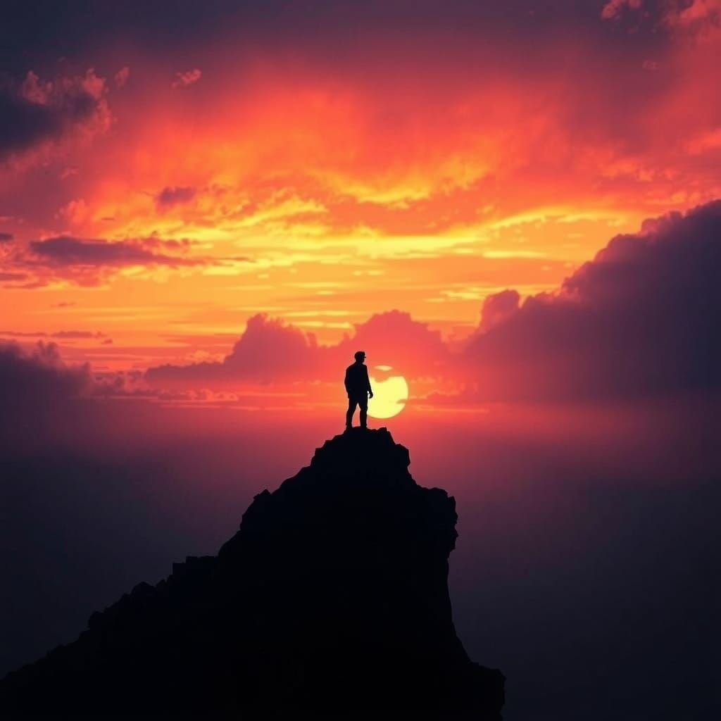 Lone Figure on Windswept Cliff at Sunset