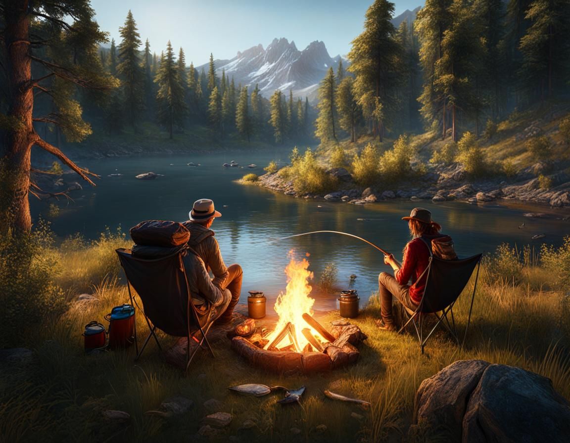 Hyperrealistic Camping Trip with Wildlife and Friends