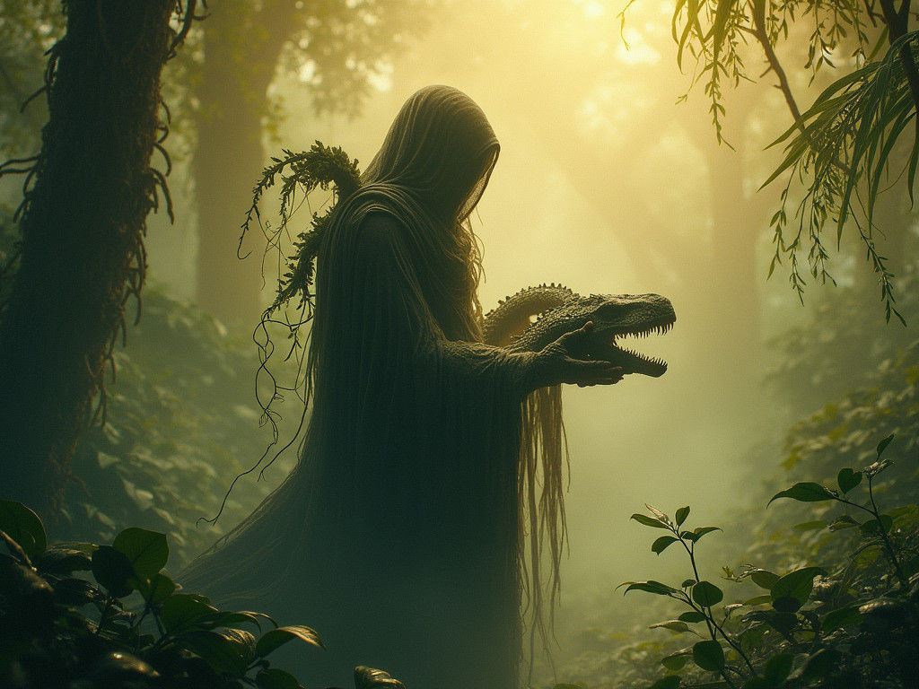 Brooding Figure with Raptor Claws in Dreamlike Jungle
