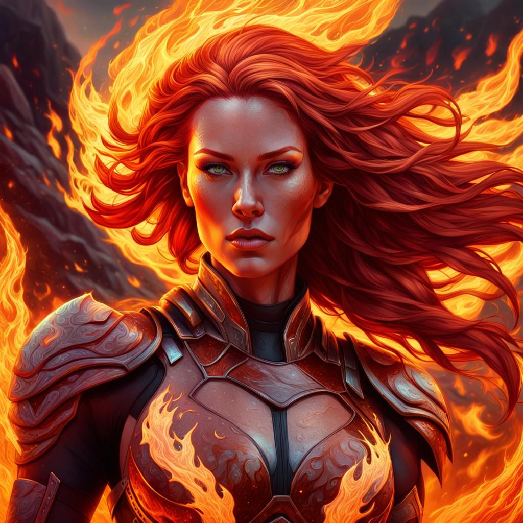 Fiery Redhead in Magma Field: Fantasy Portrait
