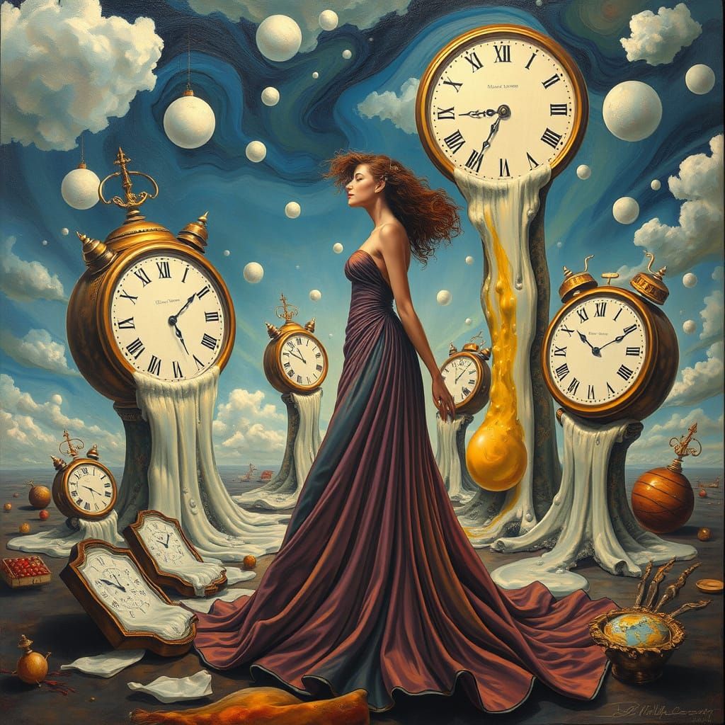 Surreal Dreamscape: Woman Amidst Melting Clocks