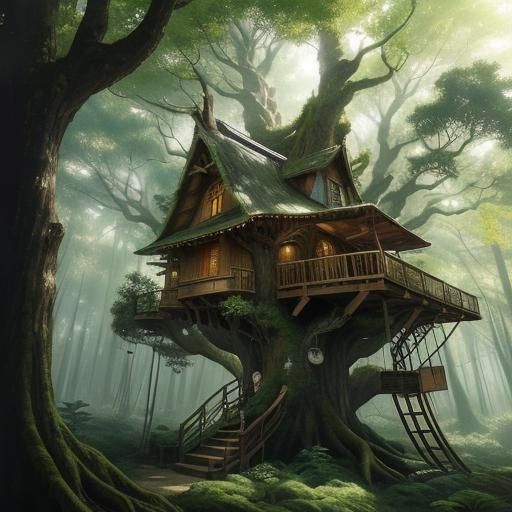 Anime Treehouse in Forest, Cel-Shaded Style