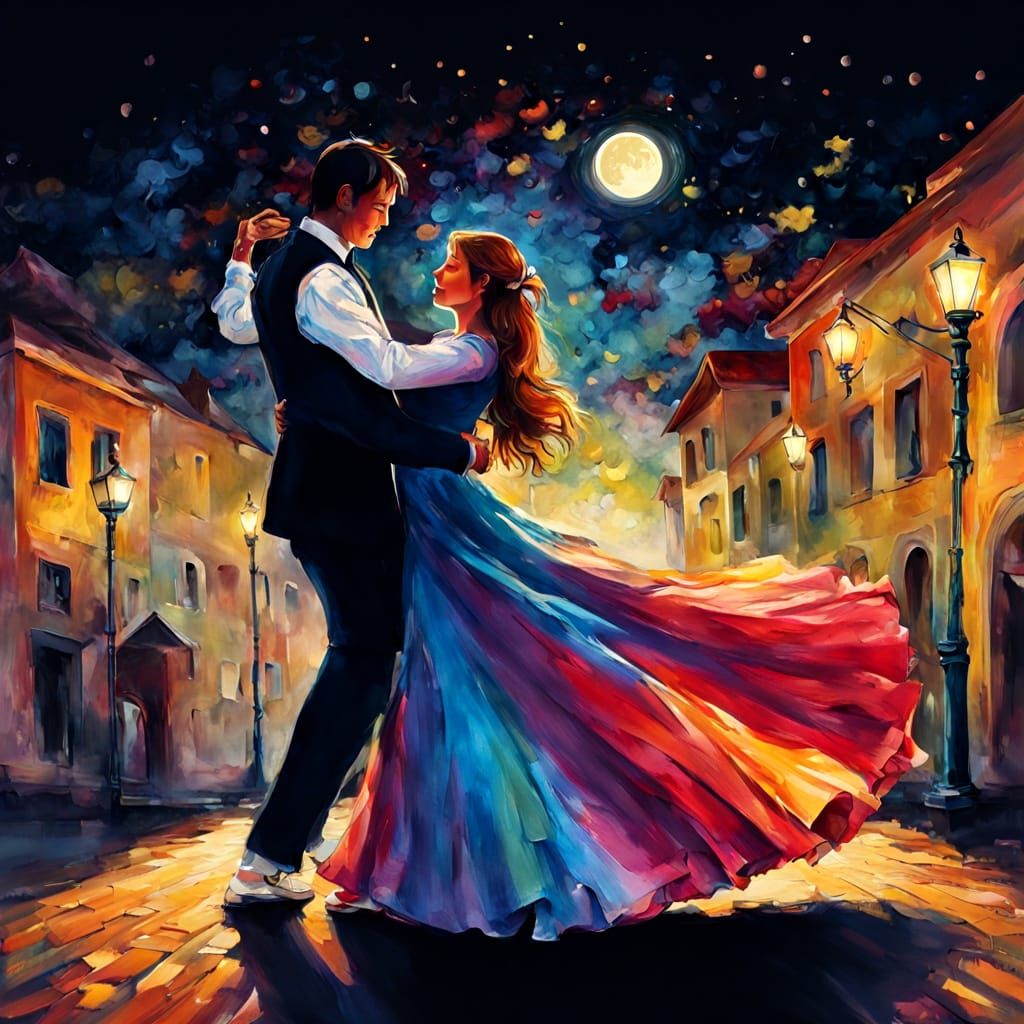 Colorful Couple Dancing Under Moonlight