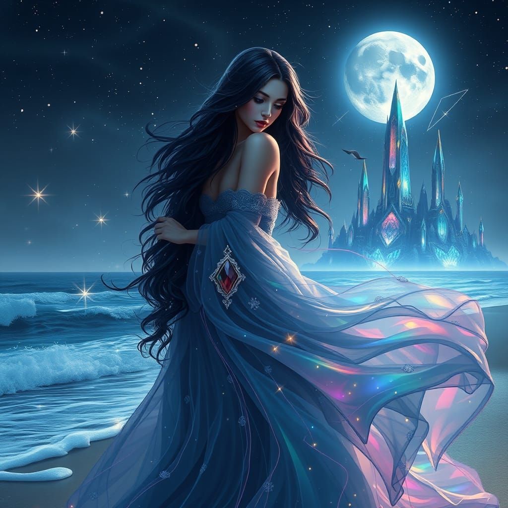 Enchantress Casting Spell on Moonlit Beach
