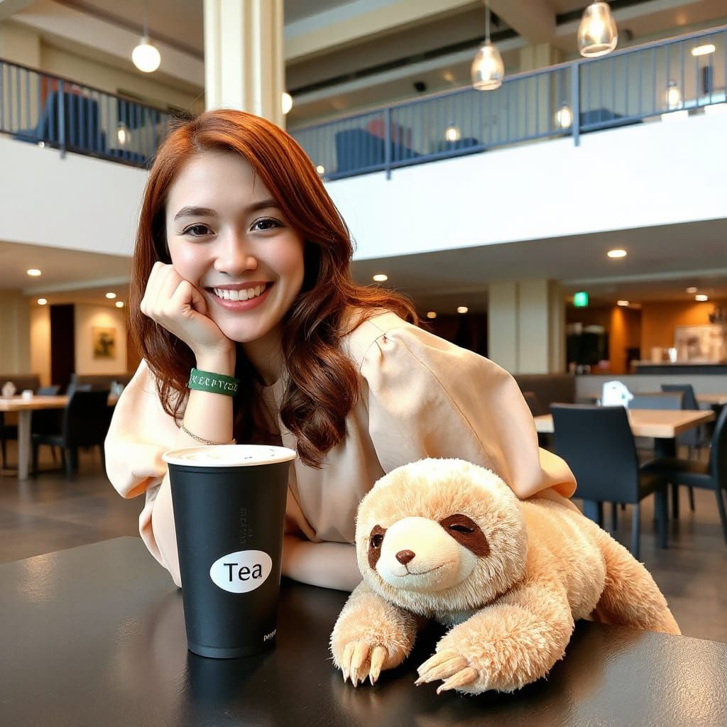 Cozy Café Scene with Smiling Woman and Sloth