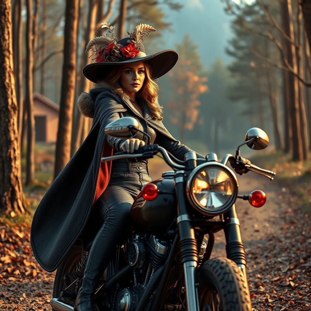 A beautiful young European lady riding an antique motorcycle...