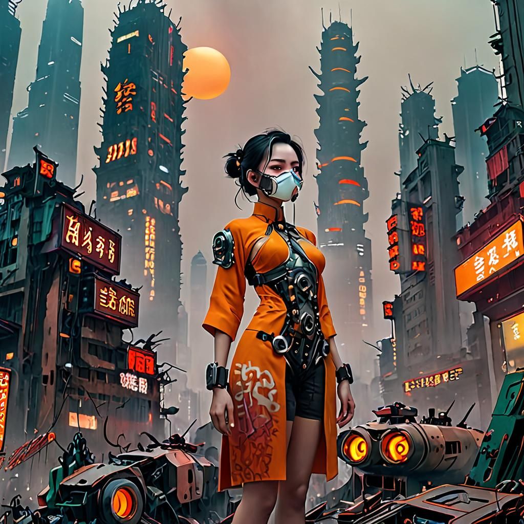 Dystopian Shanghai: Biopunk Woman Descends Crumbling Skyscra...