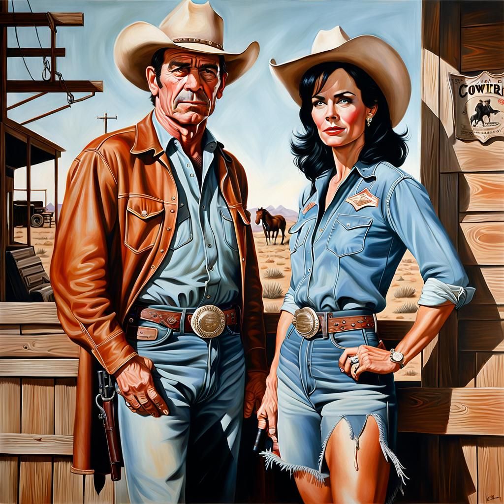 Retro Oil Painting of Cowboy and Cowgirl