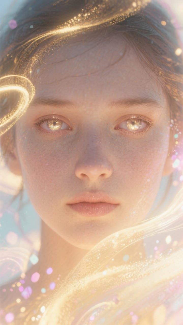 Ethereal Face with Golden Light and Pastel Sparkles