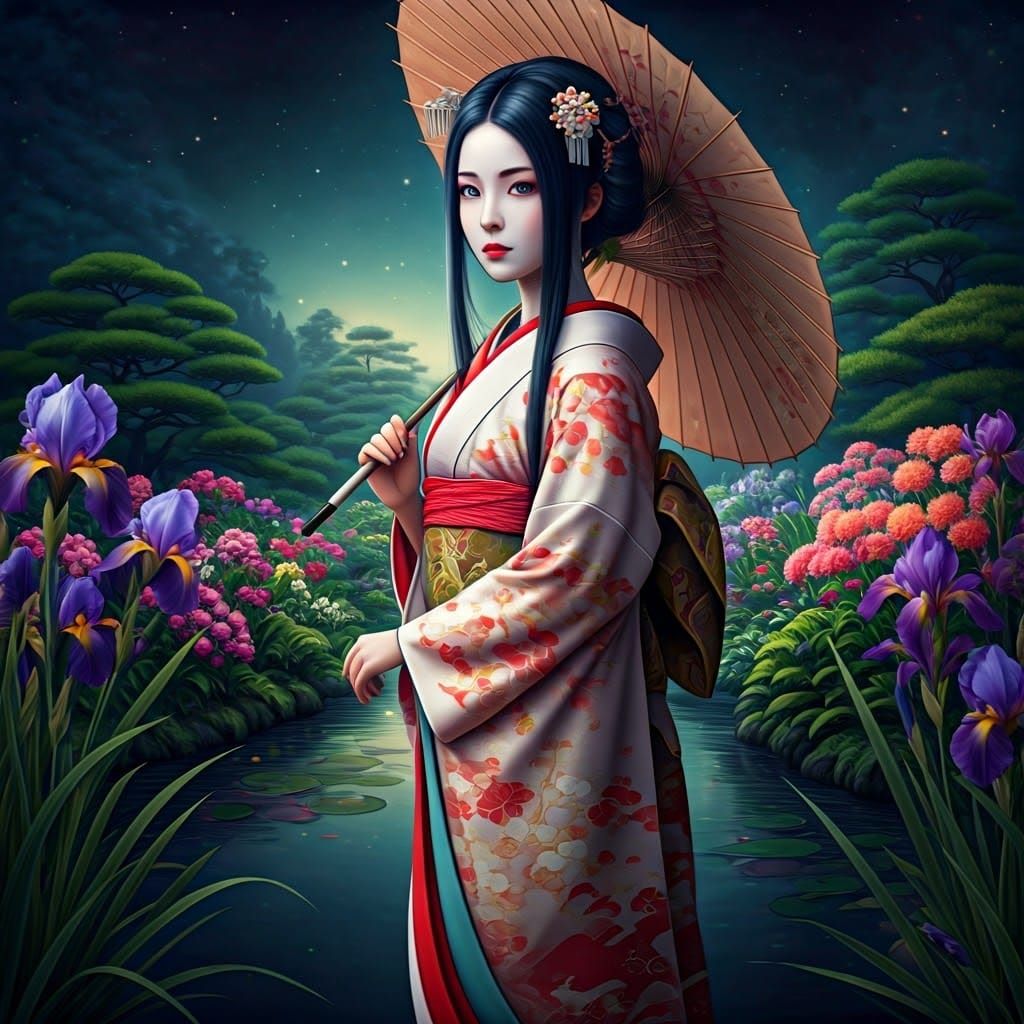 Elegant Geisha Walks Through Vibrant Garden Under Japanese P...